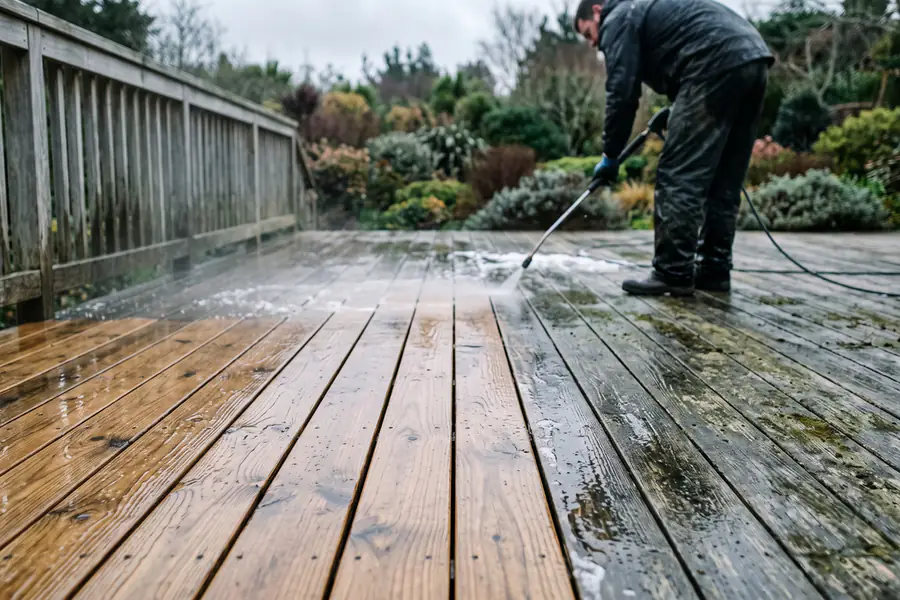 A wooden deck being washed, grain intact, half cleaned and half weathered gray
