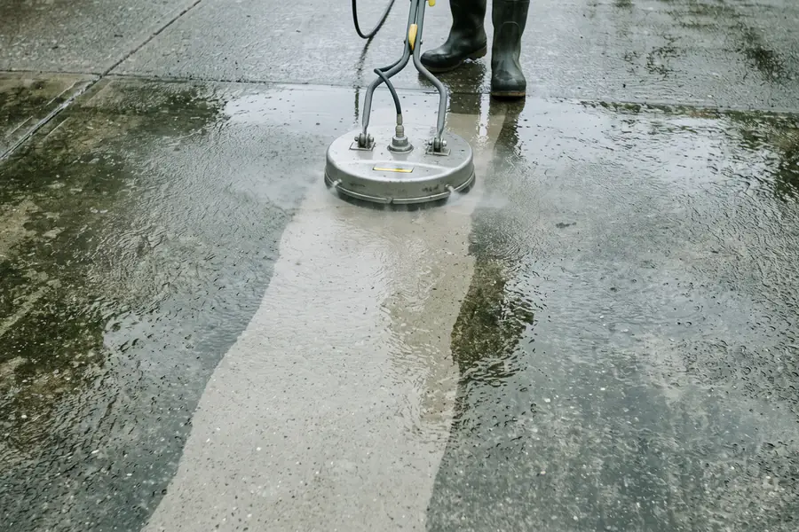 A surface cleaner leaving an even, stripe-free path across a concrete driveway