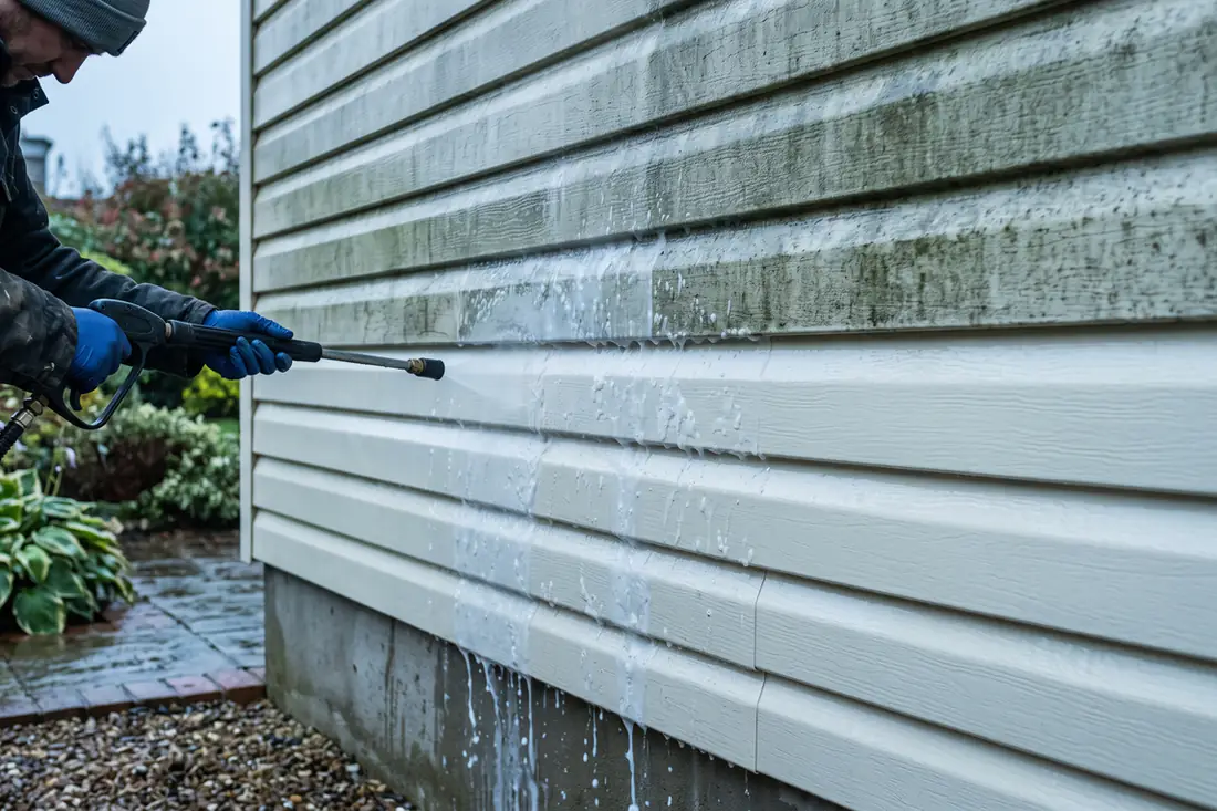 A technician soft washing vinyl siding, the clean section meeting the green section