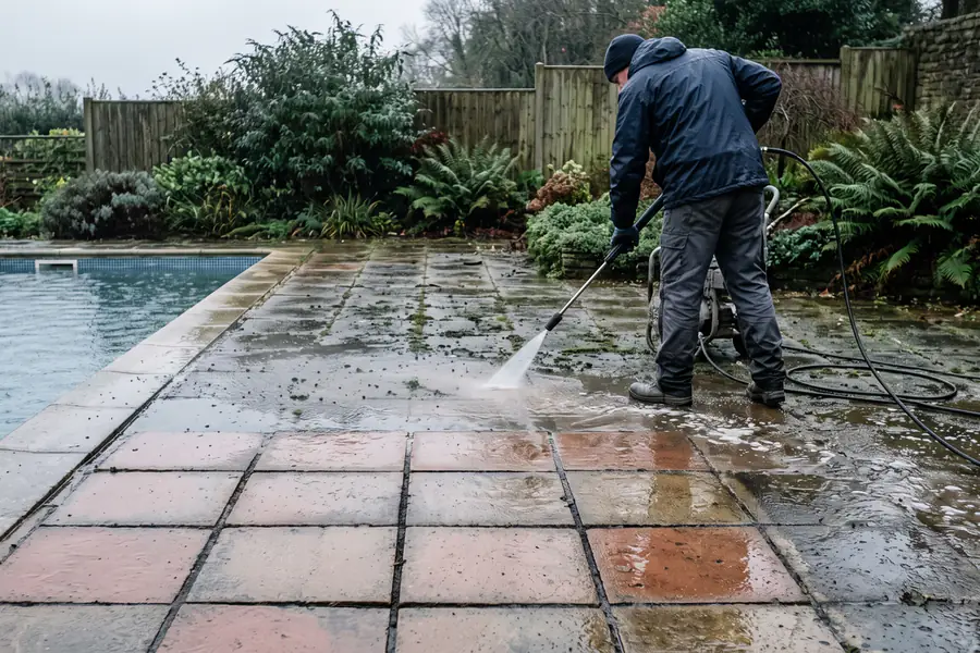 A paver patio and pool deck being cleaned, joint sand intact