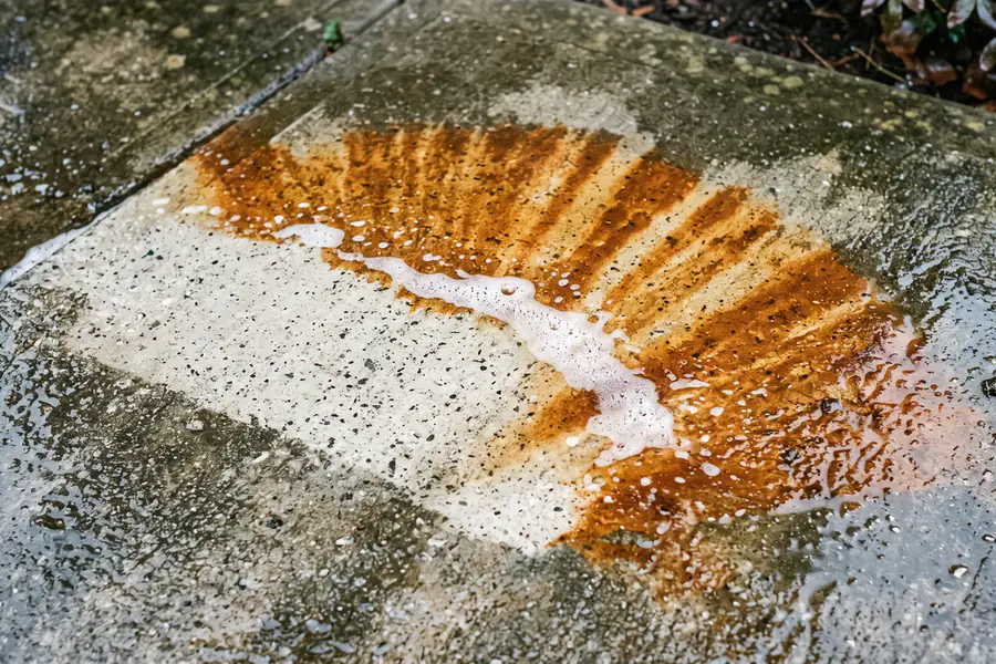 An orange irrigation rust stain being lifted out of pale concrete