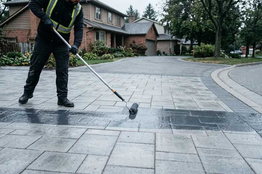 A sealer being rolled onto clean, dry pavers to lock in the finish